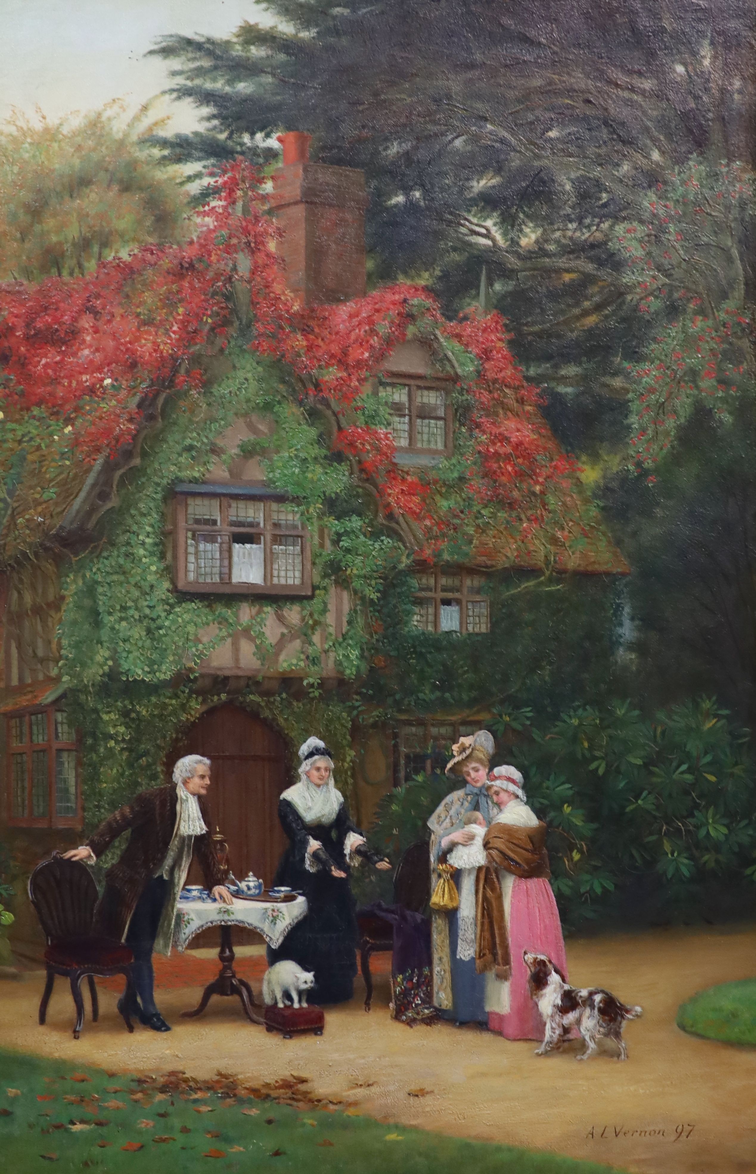 Arthur Langley Vernon (Exh.1880-1917), Georgian tea party before a country house, oil on canvas, 70 x 45cm